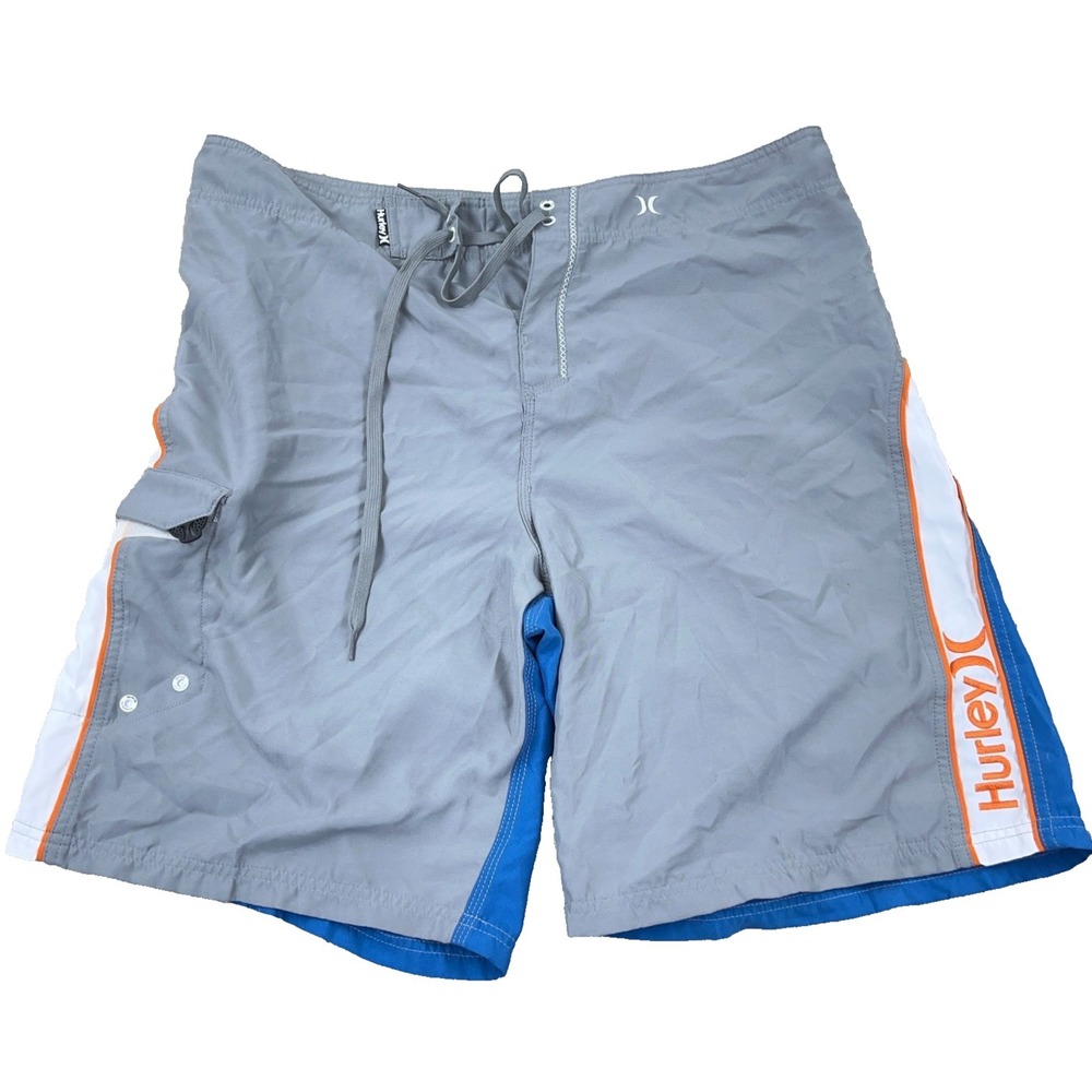Hurley Swim Trunks Men 38 XL Gray Blue Bored Shorts Surfing Spellout Adult